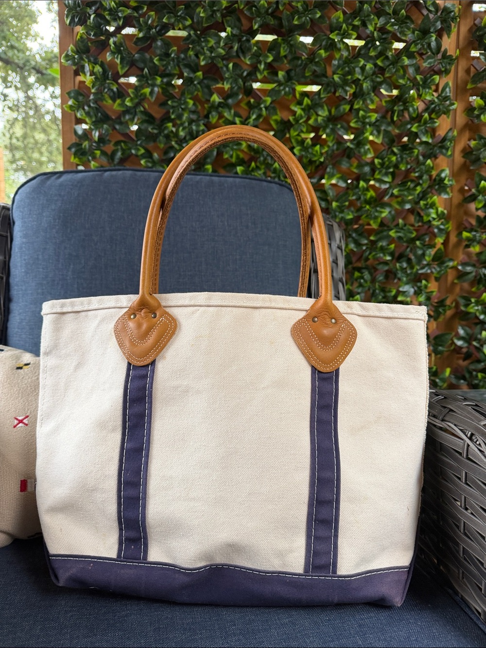 L.L. Beam Canvas Tote Bag with Tan Leather Handles and Navy Trim